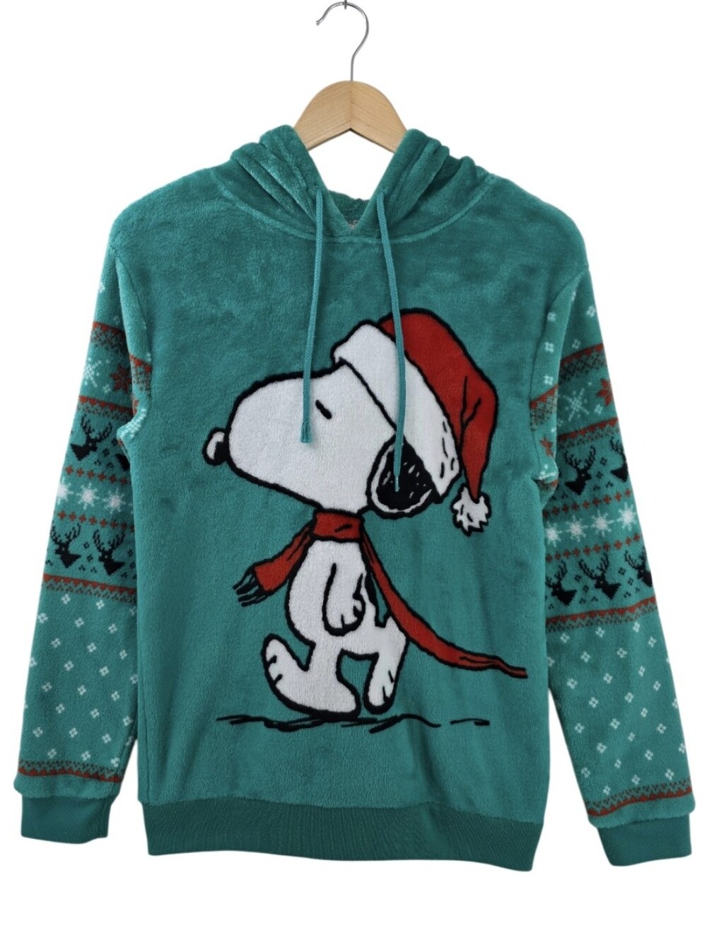 PEANUTS Snoopy & Woodstock Green Fuzzy Fleece Hoodie Women's Size Medium
